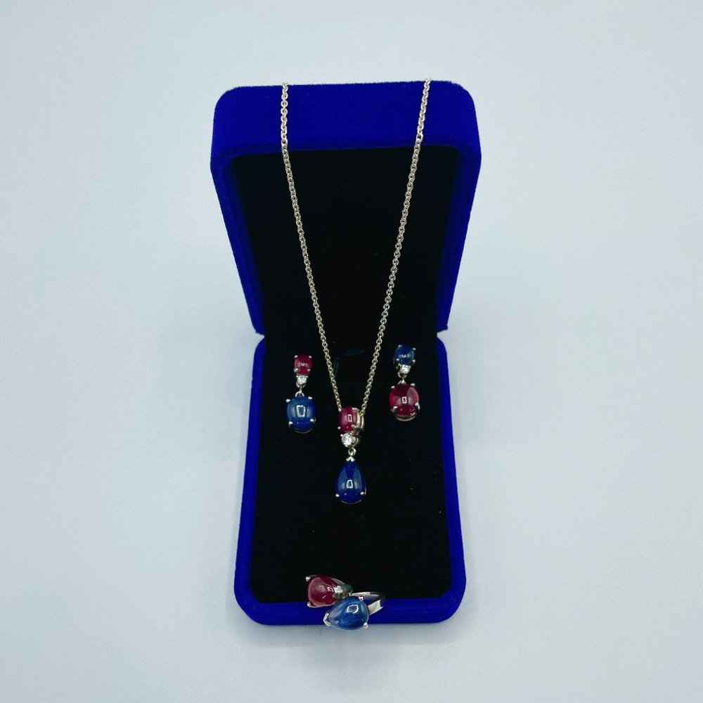 Sapphire and Ruby Sterling Silver Jewelry Set Necklace, Earrings, Ring - Picture 3 of 7
